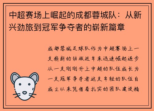 中超赛场上崛起的成都蓉城队：从新兴劲旅到冠军争夺者的崭新篇章